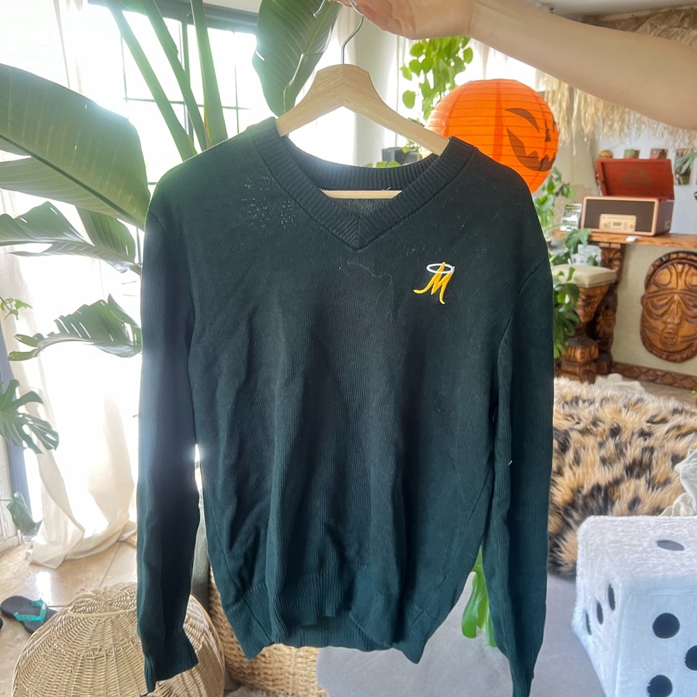 Green V-Neck Sweater with Embroidery and Relaxed Fit